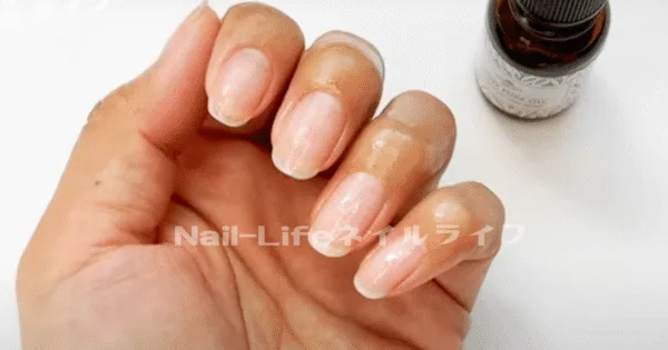 ネイルオイルが垂れて表側の爪周りにオイルが行き渡る様子