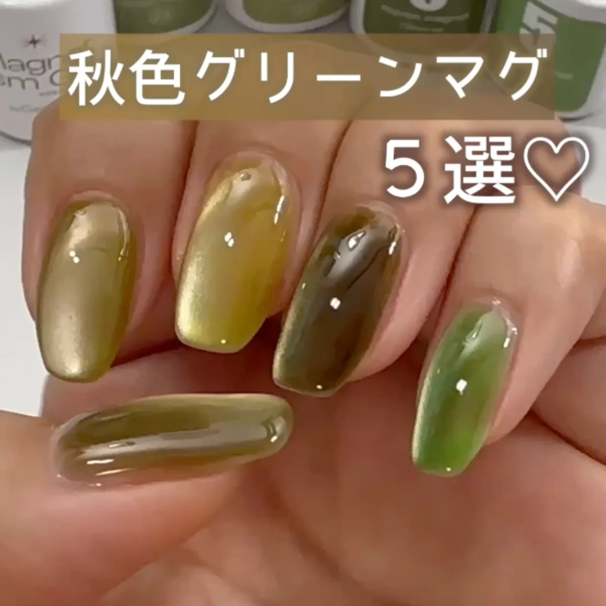 5色を並べた手元写真。